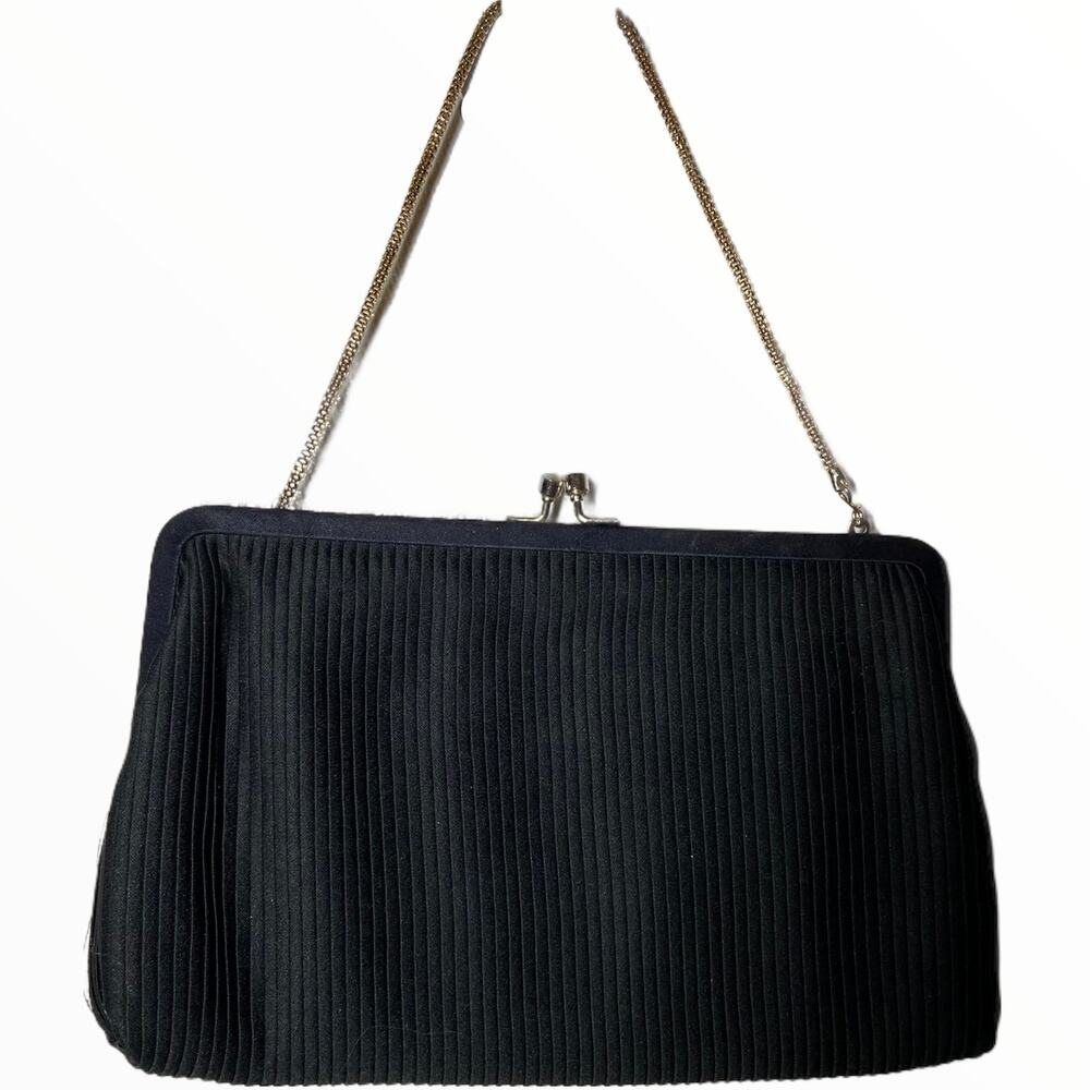 80s Vintage Kiss Lock Evening Bag Detachable Chain Convertible Clutch Satin